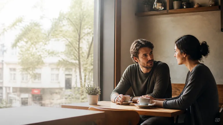 Dois adultos conversam com atenção em um café tranquilo.