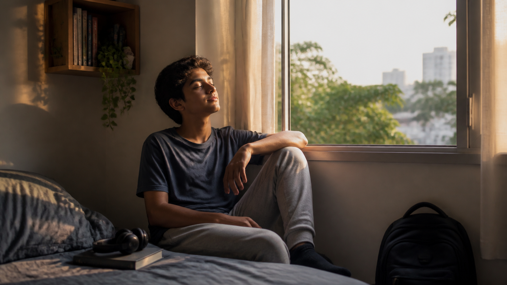 Adolescente em pausa junto à janela, em um quarto tranquilo e acolhedor.