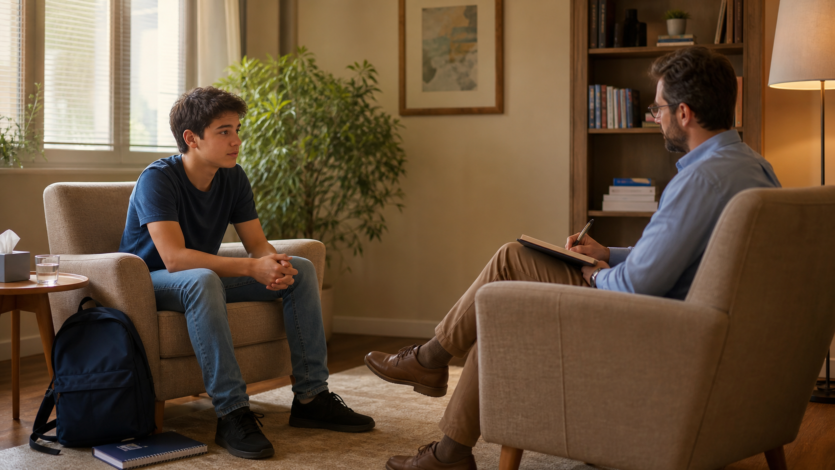 Adolescente conversa com uma profissional em uma sala de escuta acolhedora.