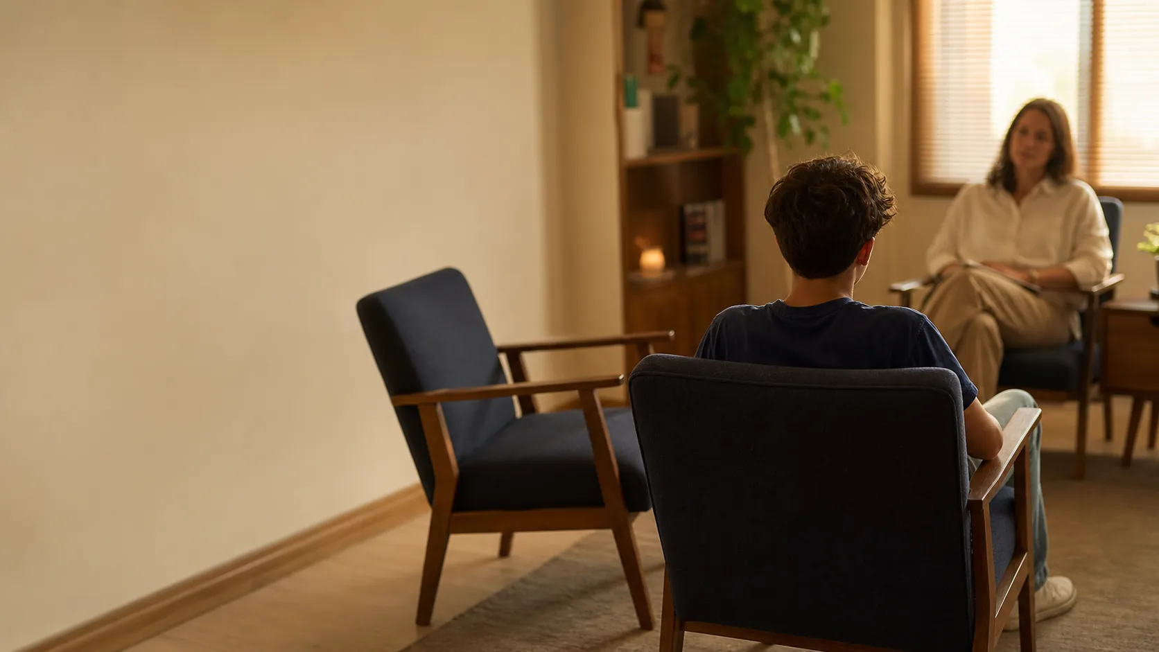 Ambiente de escuta com duas poltronas em uma sala acolhedora, representando conversa e apoio.