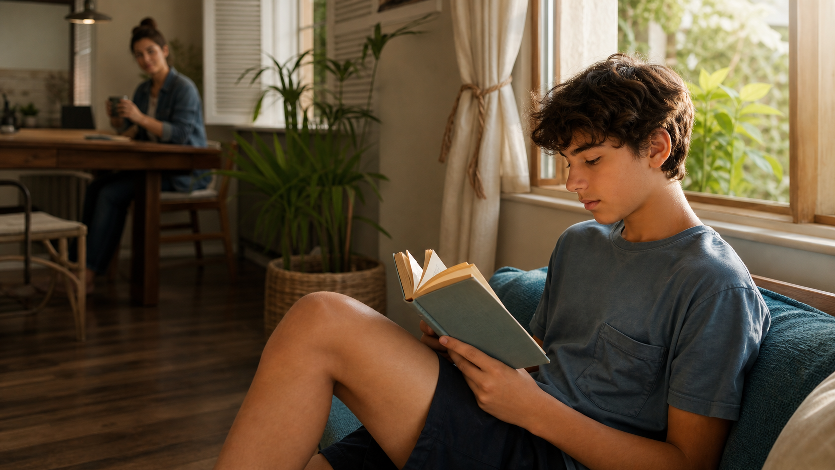 Adolescente lê perto da janela enquanto uma adulta permanece disponível ao fundo, em um ambiente acolhedor.