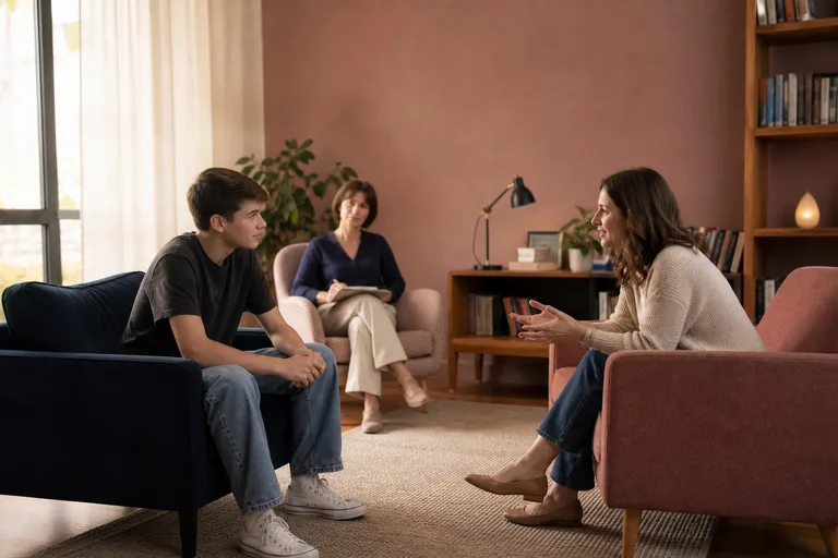 Adolescente conversa com uma adulta em um ambiente acolhedor.