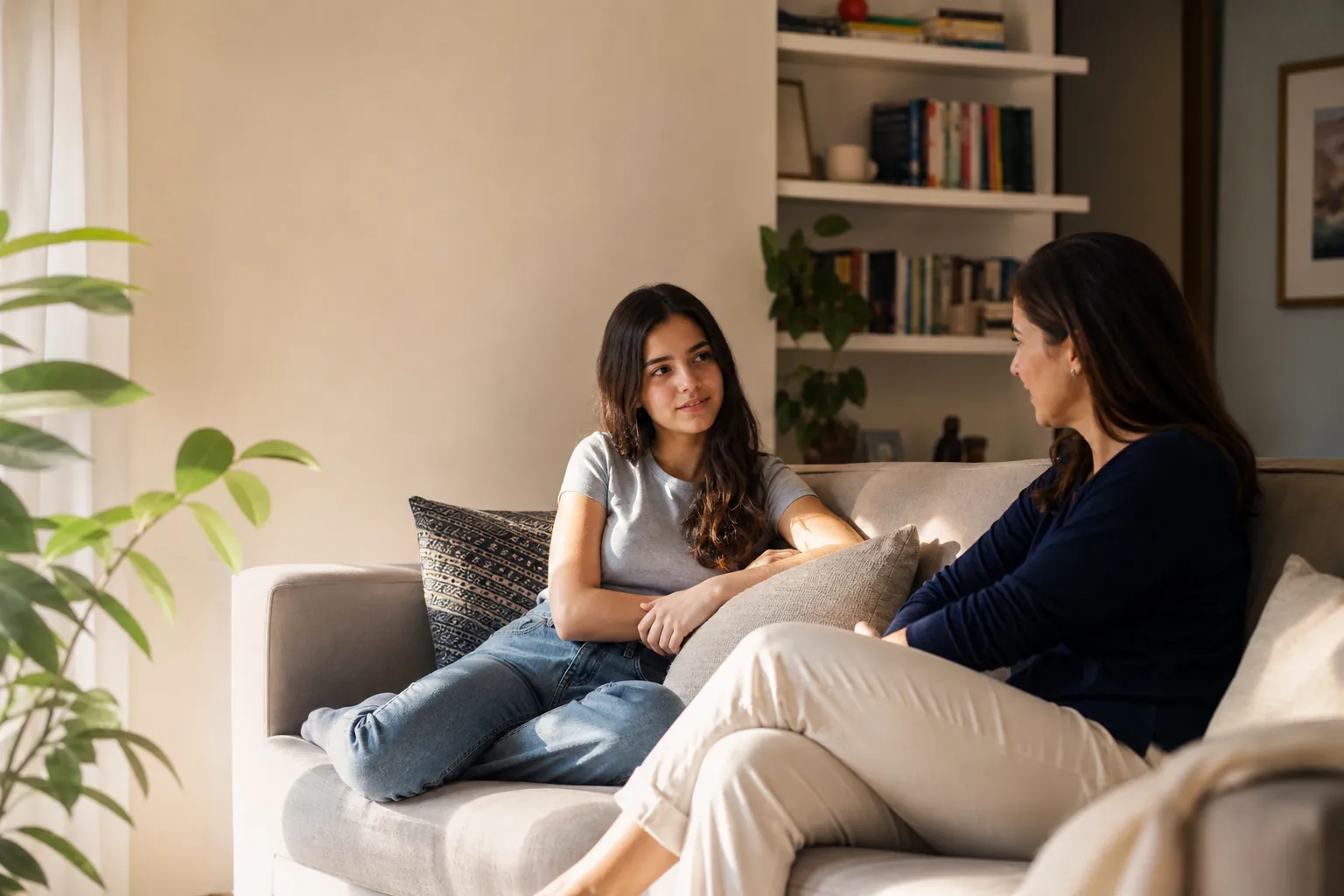 Adolescente e adulto conversam com calma em uma sala acolhedora.